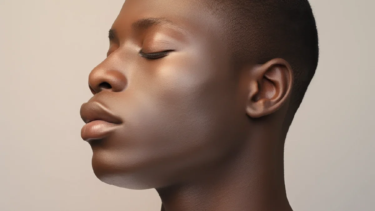 Black African man with enhanced nose profile after rhinoplasty surgery