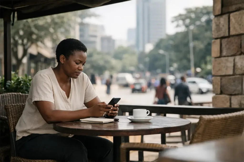 Kenyan woman researching liposuction and tummy tucks in Kenya at a Nairobi café